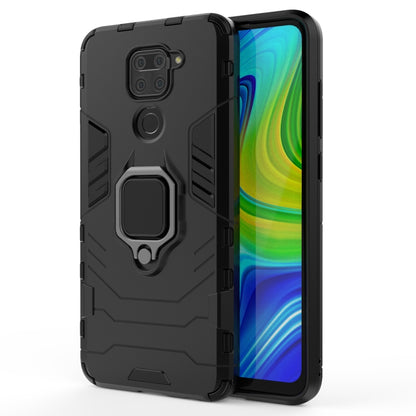 Black rugged phone case with ring holder; front shows colorful screen