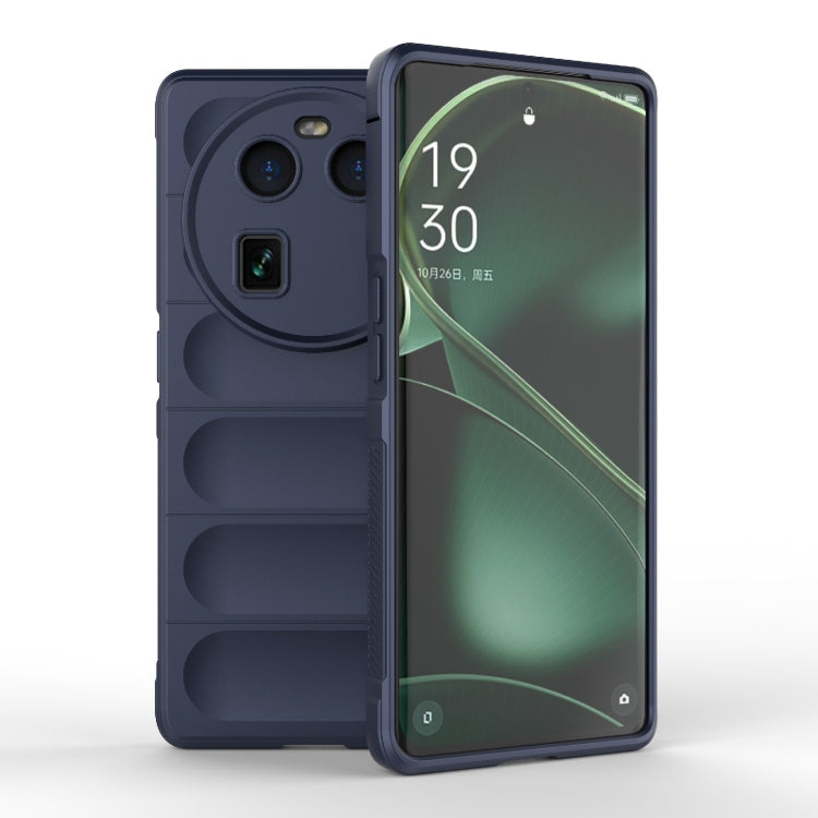 Dark blue TPU phone case with raised camera cutout and side button openings.