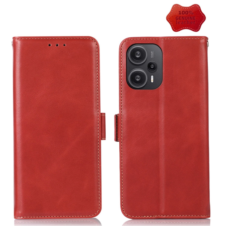 Red leather flip phone case with side strap and cutouts for camera and ports