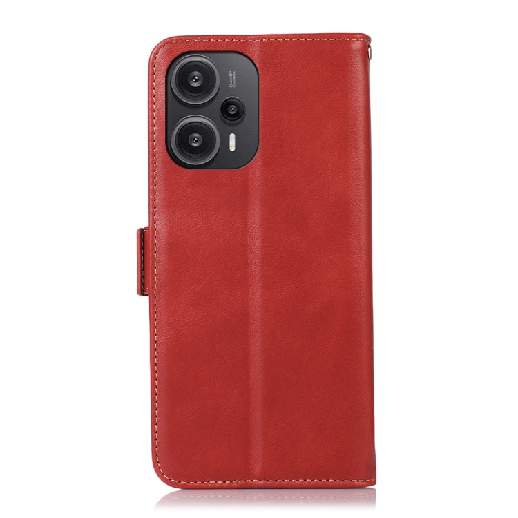 Red leather flip phone case with camera cutout and protective front cover