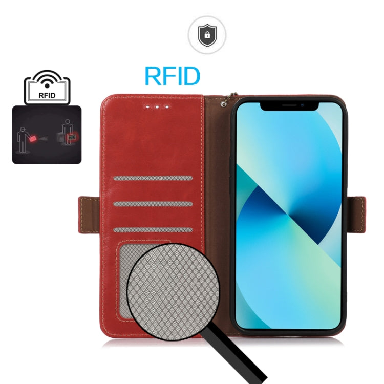 Red leather wallet phone case with RFID protection and cardholder pocket