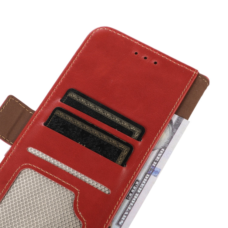 Red leather phone case interior with card slots and cash pocket detail