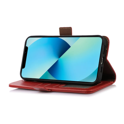 Red leather flip phone case with stand-style cover and front camera access
