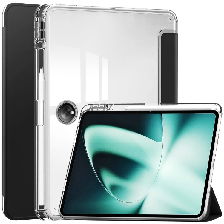 Clear 3-fold tablet case with transparent back shell and black stand flap