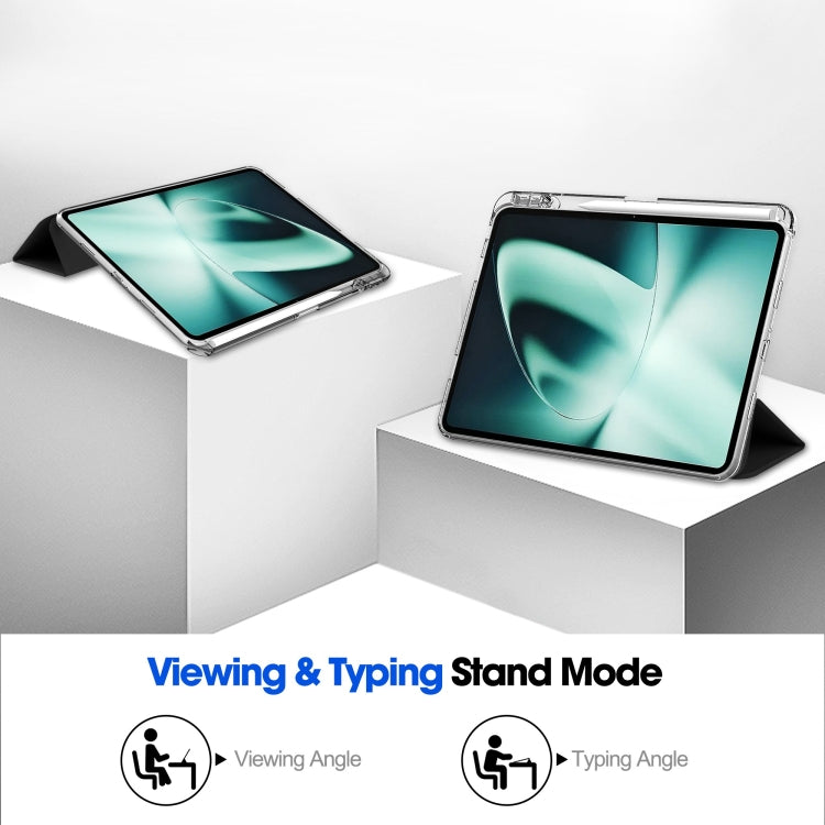 Clear 3-fold tablet case in viewing and typing stand angles, transparent back