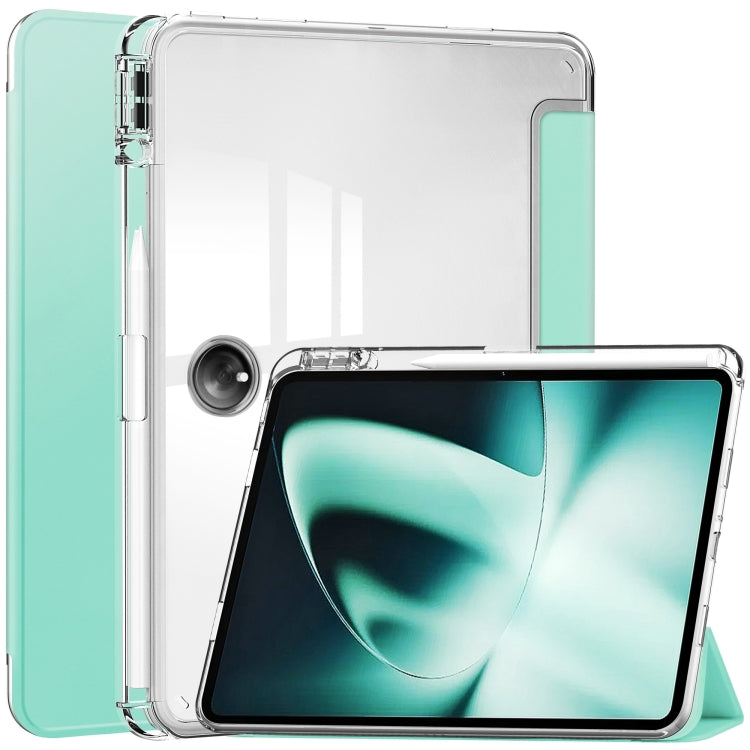 Clear 3-fold tablet case with transparent back shell and mint green outer sides