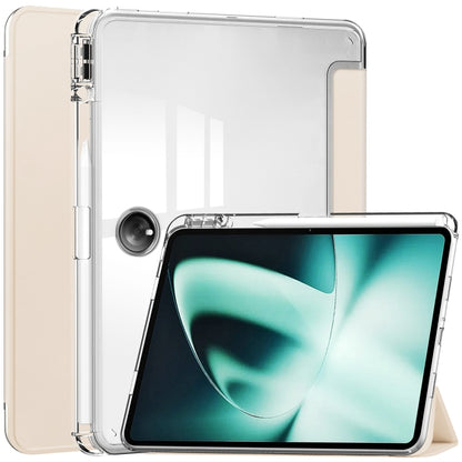 Clear 3-fold tablet case with transparent back shell and apricot outer sides