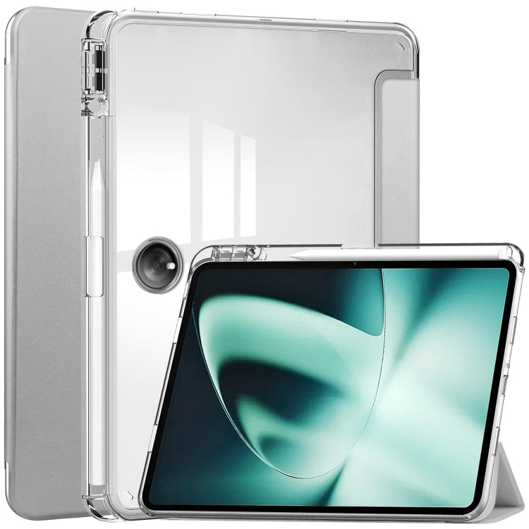 Clear 3-fold tablet case with transparent back shell and silver outer sides