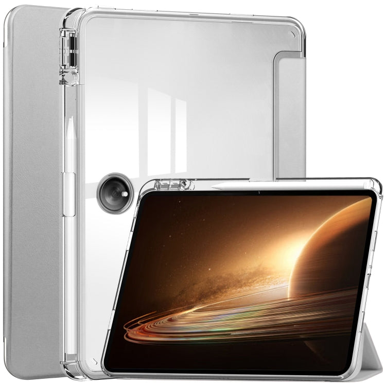 Clear back 3-fold smart tablet case with folio stand, silver gray, transparent back