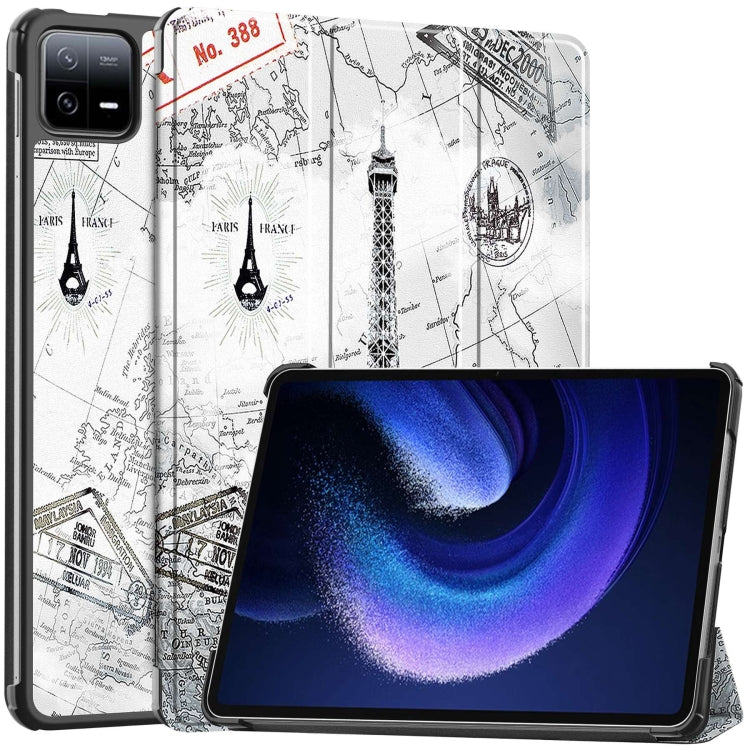 3-fold stand smart tablet case with white map and Eiffel Tower print, black edges