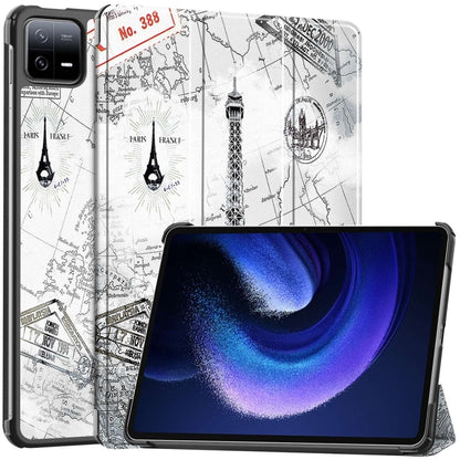 3-fold stand smart tablet case with white map and Eiffel Tower print, black edges
