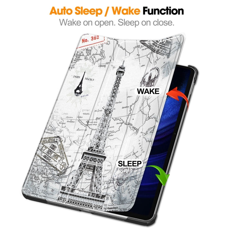 3-fold stand smart tablet case with Eiffel Tower map pattern and front cover in use