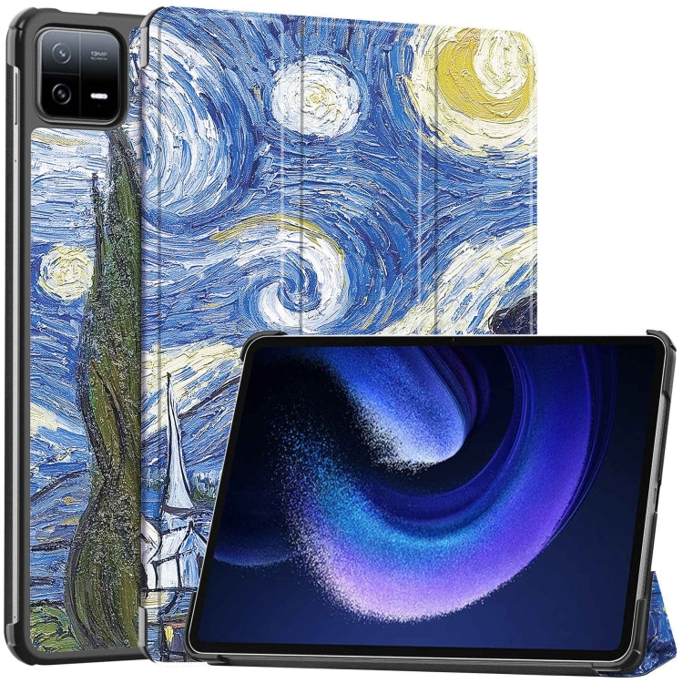 3-fold stand smart tablet case with blue starry painting print and black trim
