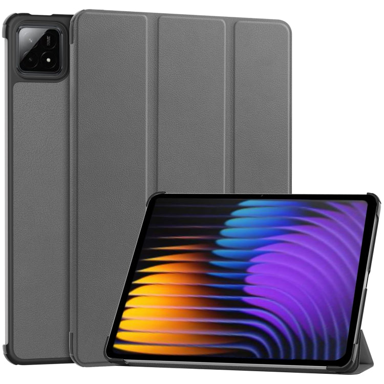 3-fold smart tablet case, gray textured leather with front stand and camera cutout