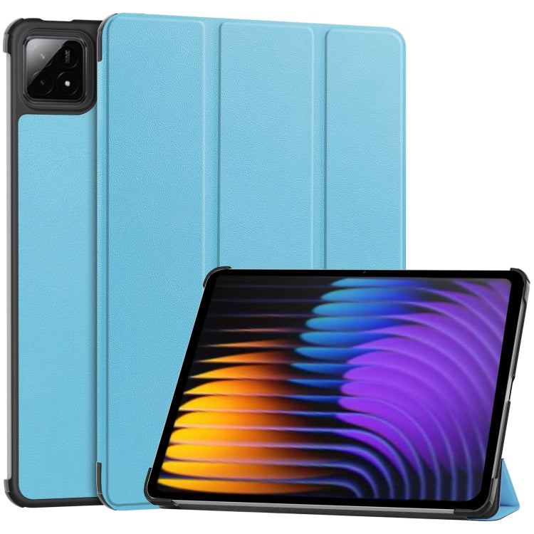 Sky blue 3-fold smart tablet case with textured finish and stand support.