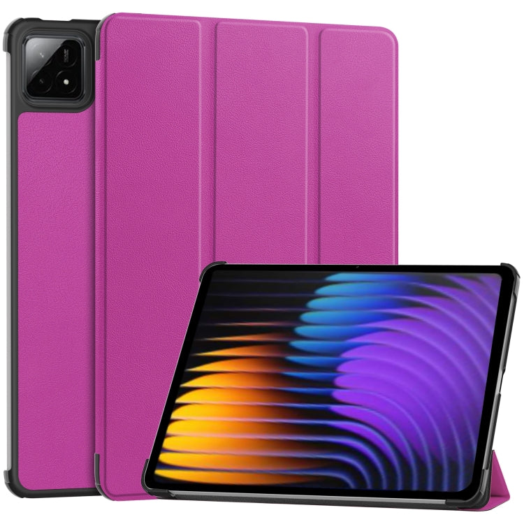 Purple 3-fold smart tablet case with textured finish and angled stand.