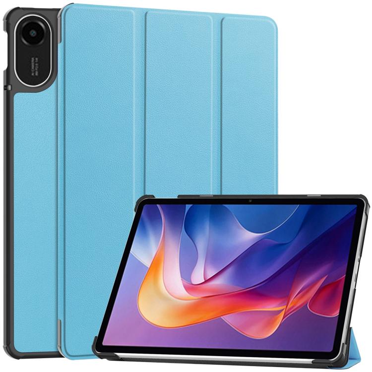 3-fold smart tablet case, light blue textured leather with front stand and corner cutout
