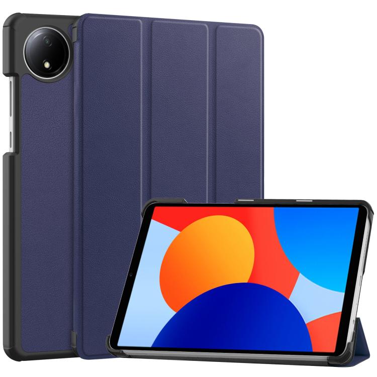 Navy 3-fold smart tablet case with textured finish and front viewing stand.