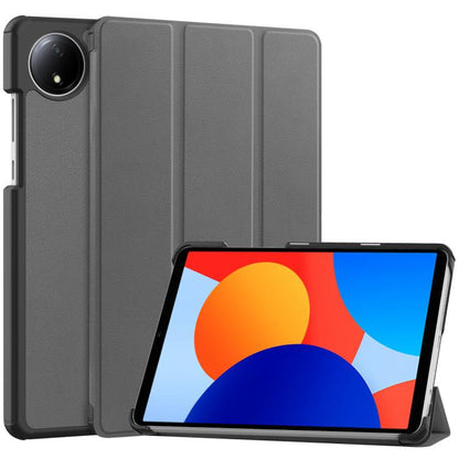 Gray 3-fold smart tablet case with textured finish and adjustable stand.