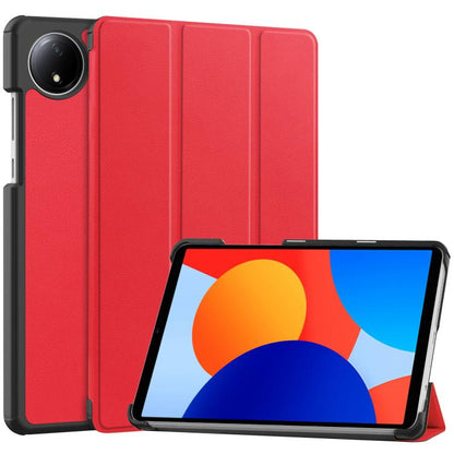 Red 3-fold smart tablet case with textured finish and angled viewing stand.