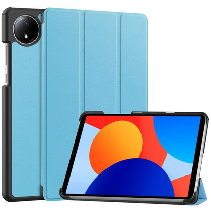 Light blue 3-fold smart tablet case with textured finish and viewing stand.