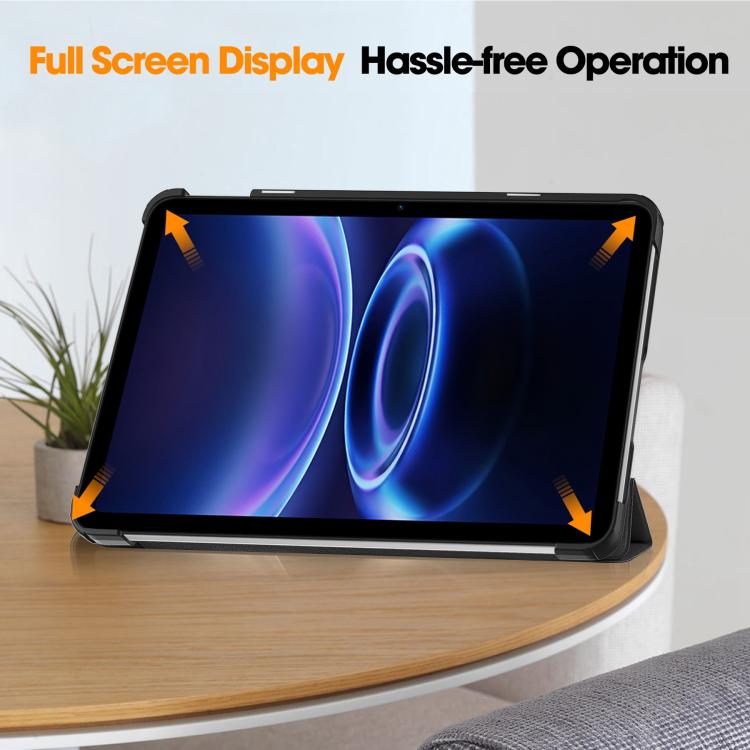 Black 3-fold tablet case open on stand for full-screen viewing