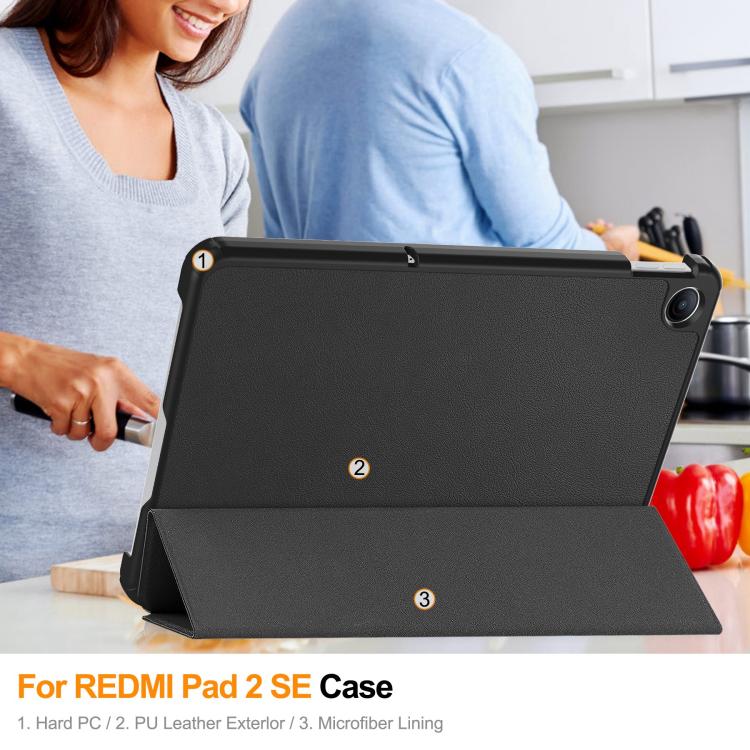 Black 3-fold tablet case on stand with front cover supporting the tablet