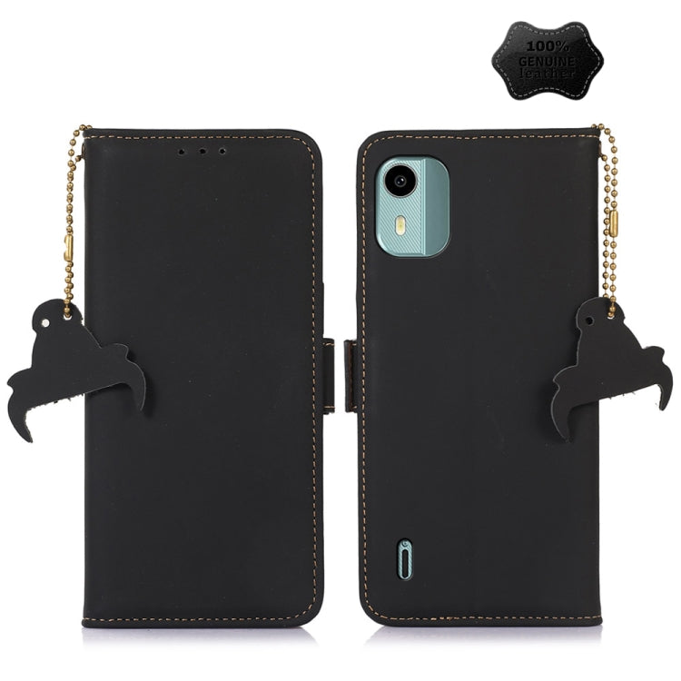 Genuine leather magnetic RFID phone case, black flip cover with cat silhouette keychains