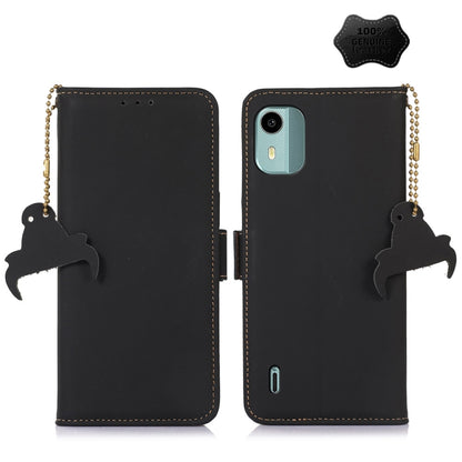 Genuine leather magnetic RFID phone case, black flip cover with cat silhouette keychains