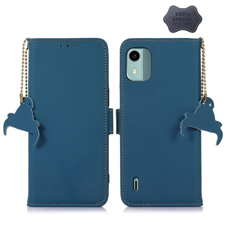 Genuine leather magnetic RFID phone case, blue flip cover with cat silhouette keychains