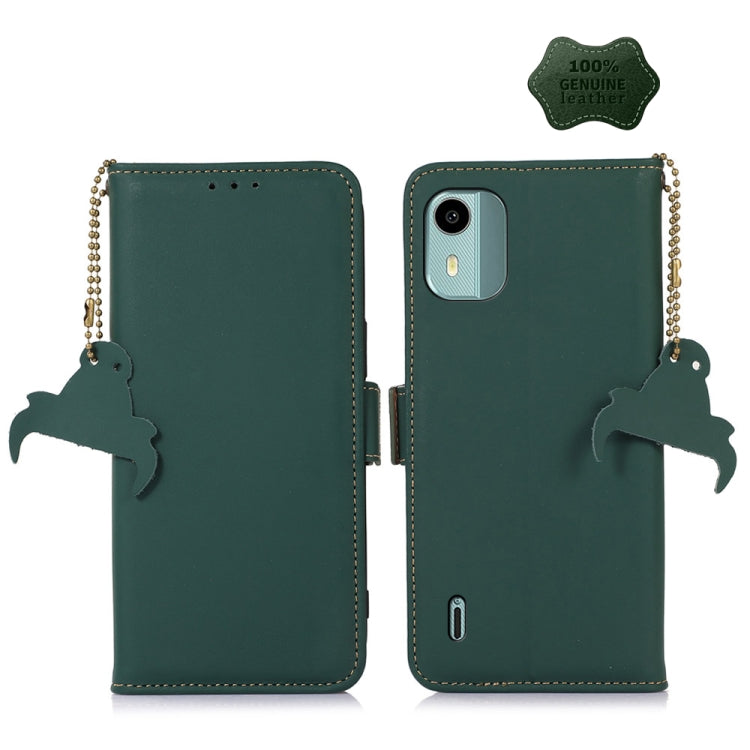 Genuine leather magnetic RFID phone case, green flip cover with cat silhouette keychains