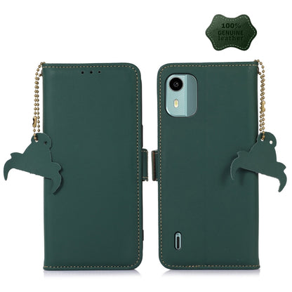 Genuine leather magnetic RFID phone case, green flip cover with cat silhouette keychains