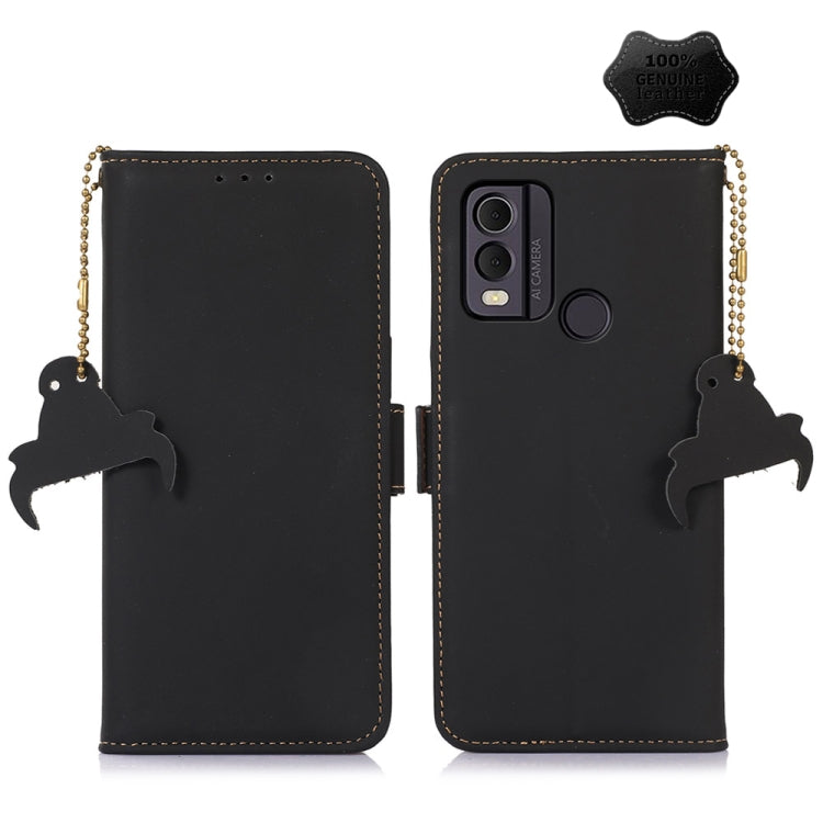 Genuine leather magnetic RFID phone case, black flip cover with cat silhouette keychains