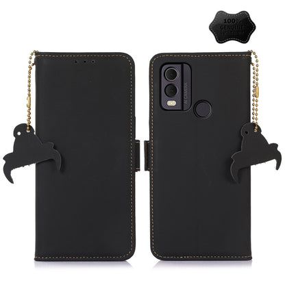 Genuine leather magnetic RFID phone case, black flip cover with cat silhouette keychains