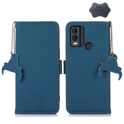 Genuine leather magnetic RFID phone case, blue flip cover with cat silhouette keychains