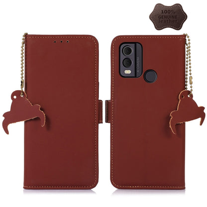 Genuine leather magnetic RFID phone case, brown flip cover with cat silhouette keychains