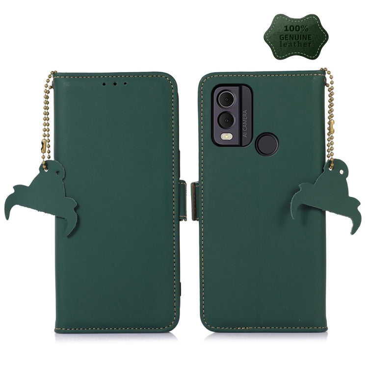Forest green leather magnetic RFID phone case with horse charm, front and back view