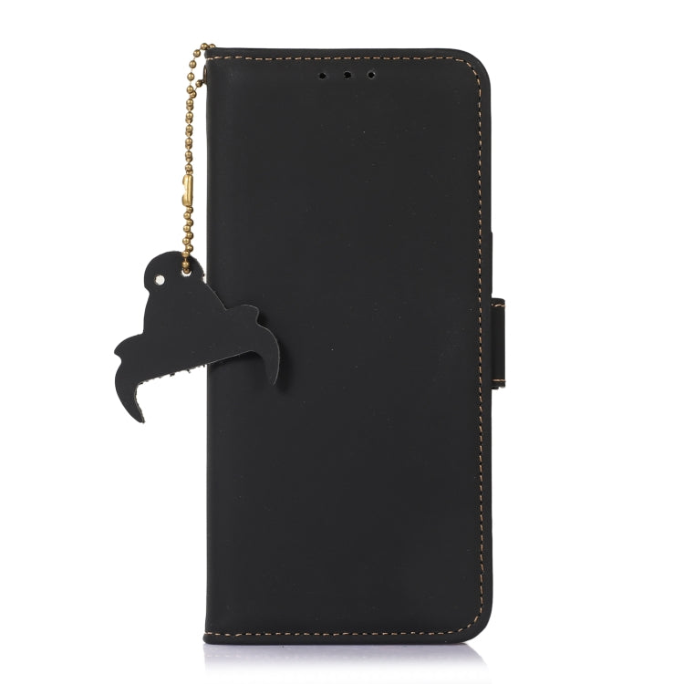 Genuine leather folio phone case, black front cover with dangling strap and charm