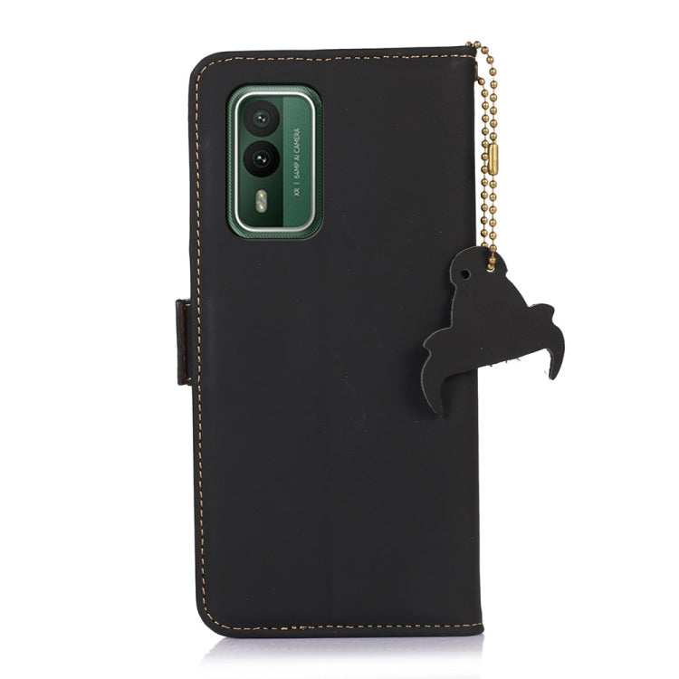 Genuine leather phone case, black with camera cutout and dangling side chain charm