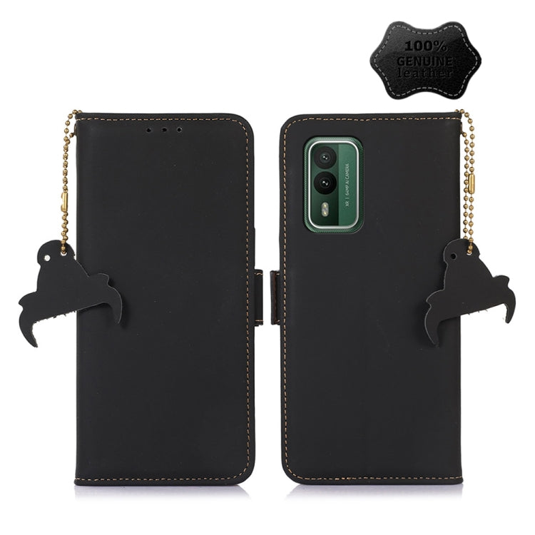 Genuine leather phone case with magnetic closure, black folio with dangling charm and chain