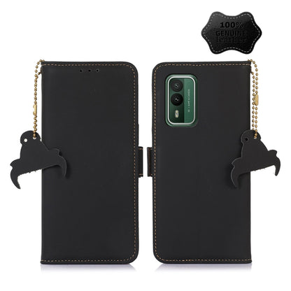 Genuine leather phone case with magnetic closure, black folio with dangling charm and chain