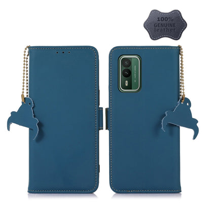 Genuine leather phone case, blue folio with dangling charm and chain and stitched edges