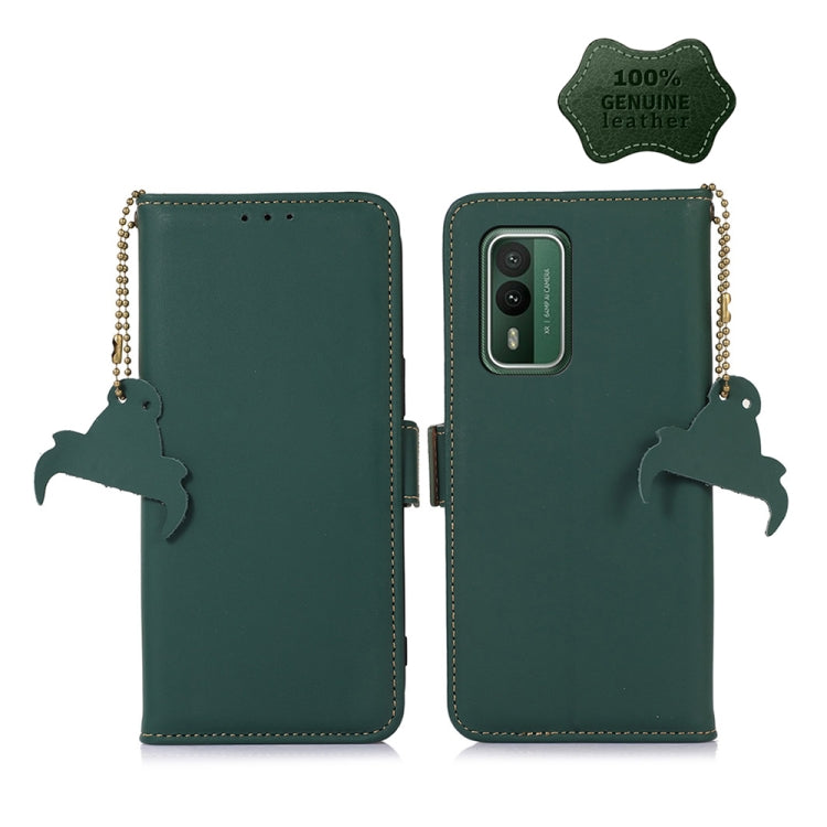 Genuine leather phone case, green folio with dangling charm and chain