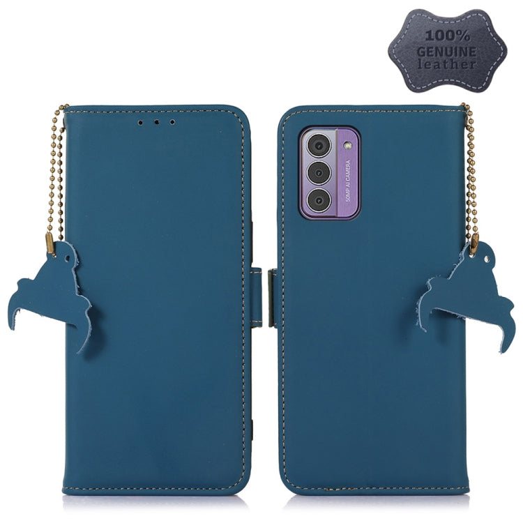 Genuine leather magnetic RFID phone case, blue flip cover with cat silhouette keychains