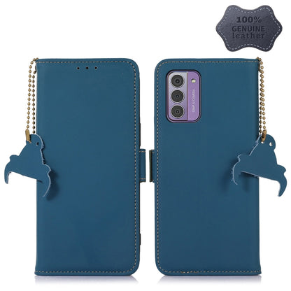 Genuine leather magnetic RFID phone case, blue flip cover with cat silhouette keychains