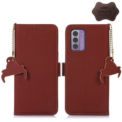 Genuine leather magnetic RFID phone case, brown flip cover with cat silhouette keychains