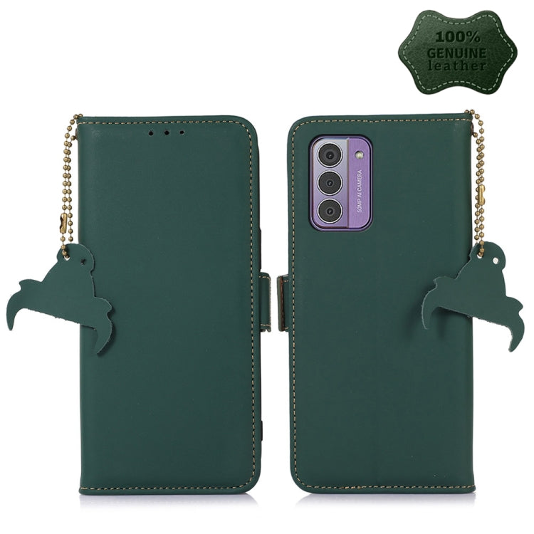 Genuine leather magnetic RFID phone case, green flip cover with cat silhouette keychains