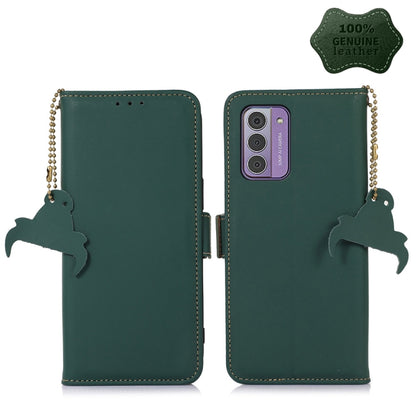 Genuine leather magnetic RFID phone case, green flip cover with cat silhouette keychains