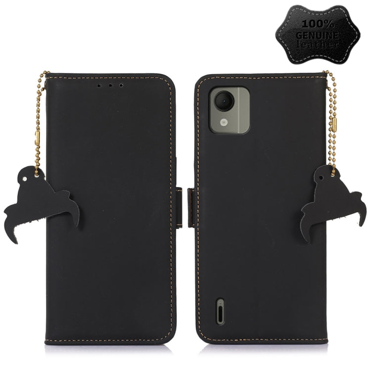 Black leather magnetic RFID phone case with horse charm, front and back view