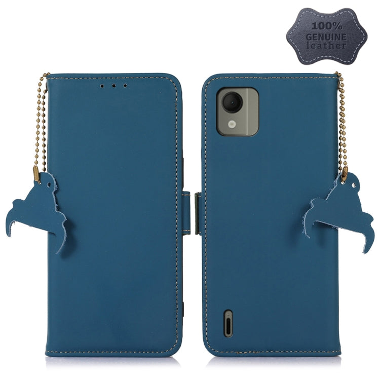 Blue leather magnetic RFID phone case with horse charm, front and back view